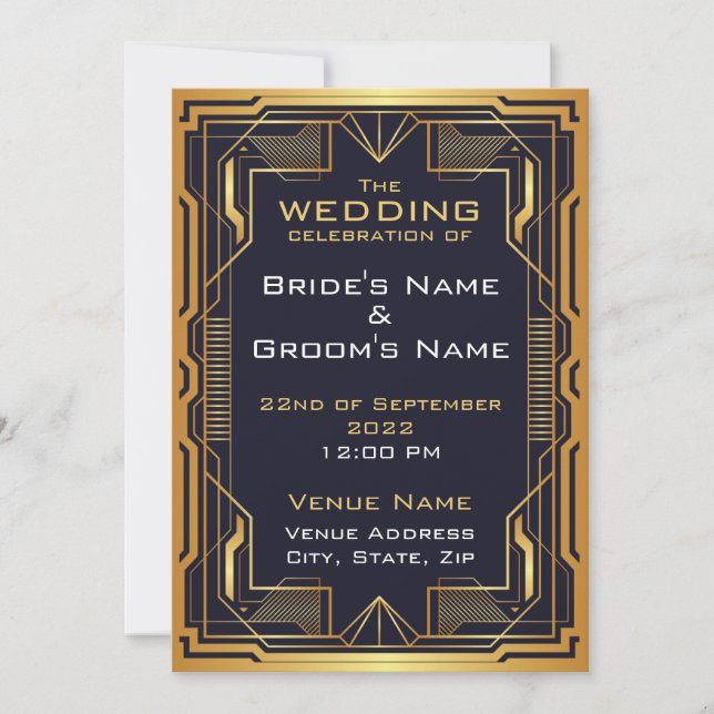 Invitación de boda Art Déco azul y dorado (Anverso)