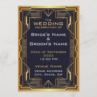 Invitación de boda Art Déco azul y dorado