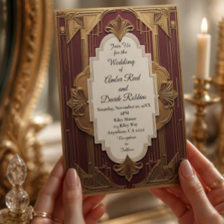 Invitación de boda Art Deco burgundy y dorado vint