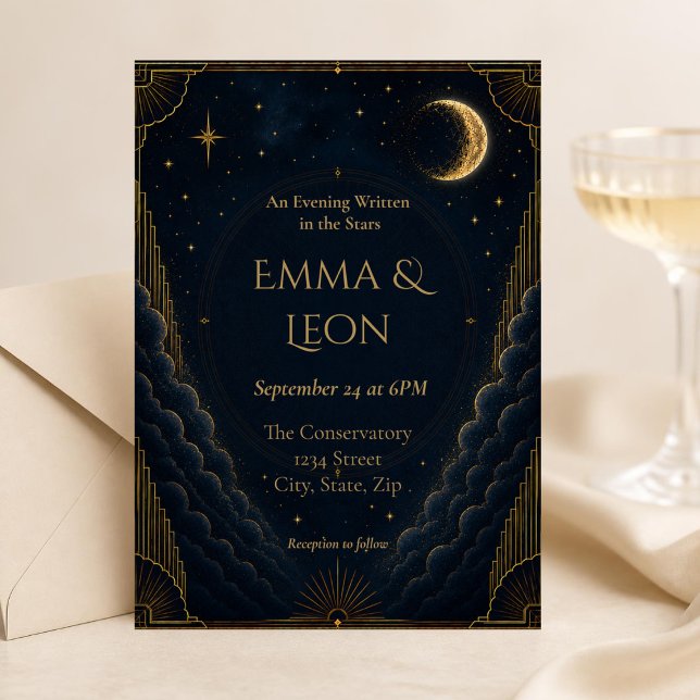 Invitación de boda Art Déco Celestial | Azul Marin (Elegant navy and gold celestial Art Deco wedding invitation featuring a crescent moon & starry night)