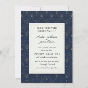 Invitación de boda Art Déco con abanico de oro azu