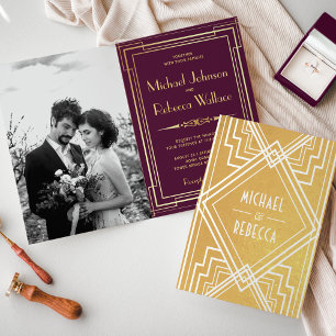 Invitación de Boda Art Déco con Ciruela y Papel de
