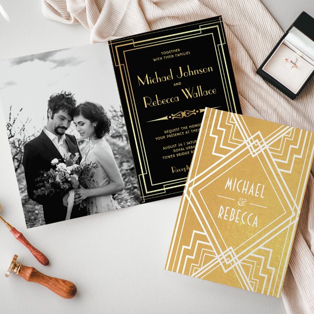 Invitación de Boda Art Déco con Hojas de Oro y Neg (Subido por el creador)