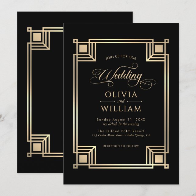 Invitación de Boda Art Déco con Marco Dorado Antig (Anverso / Reverso)