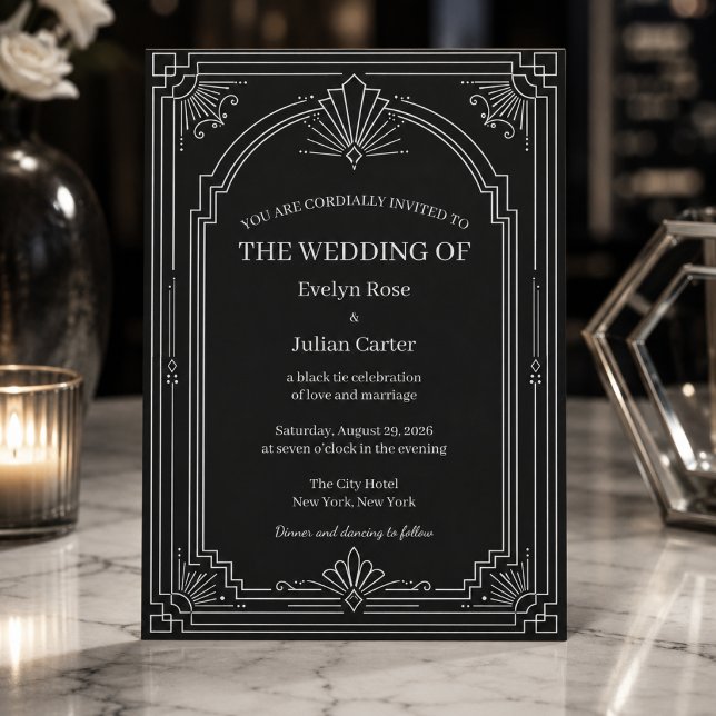 Invitación de boda Art Déco con ónix negro arquead (Subido por el creador)