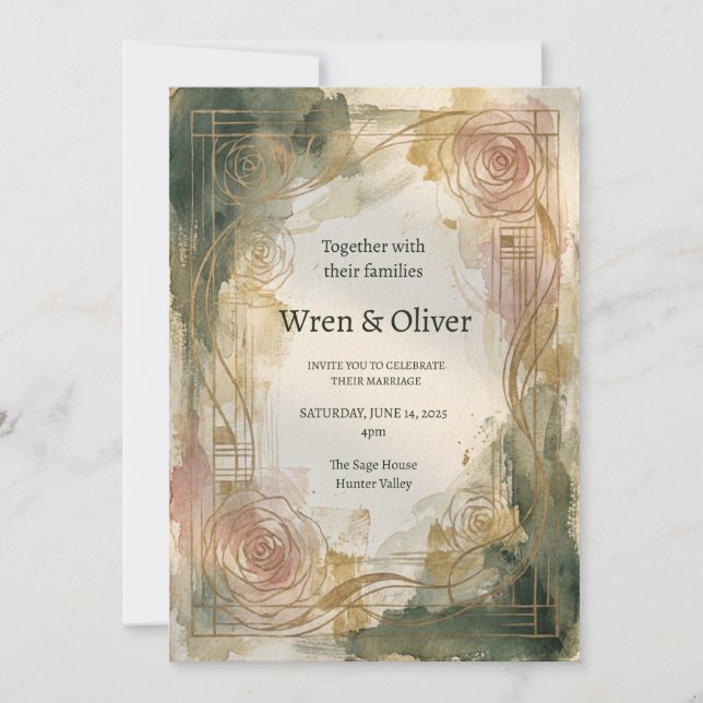 Invitación de boda Art Déco de flores temperamenta (Anverso)