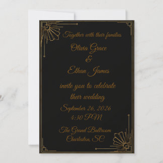 Invitación de boda Art Déco de lujo en negro y dor