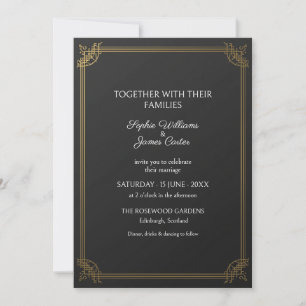 Invitación de boda Art Déco de oro negro