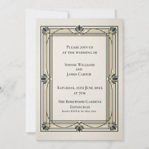 Invitación de boda Art Déco de oro negro