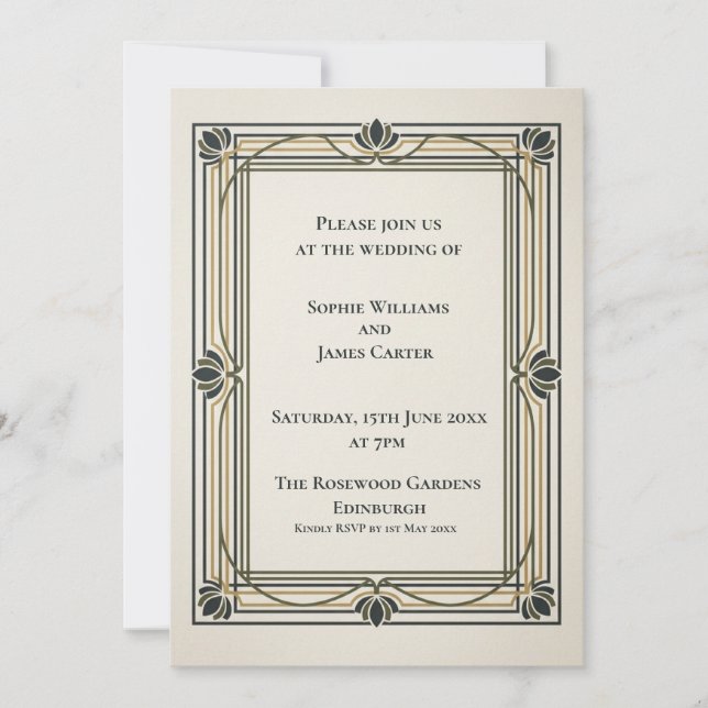 Invitación de boda Art Déco de oro negro (Anverso)
