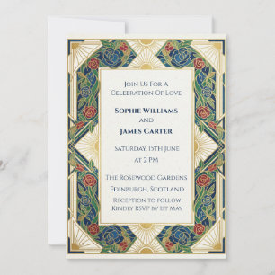Invitación de boda Art Déco de oro negro