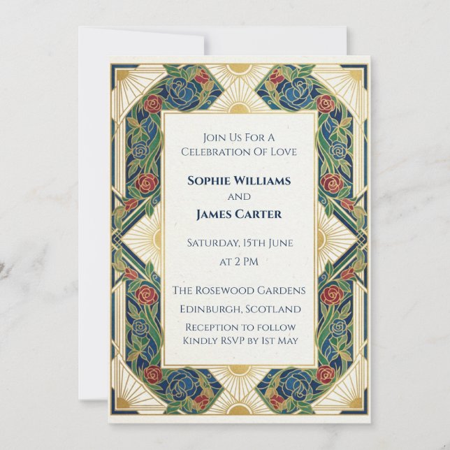 Invitación de boda Art Déco de oro negro (Anverso)