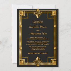 Invitación de boda Art Déco de oro negro de los añ