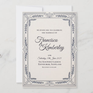 Invitación de boda Art Déco de plata naval
