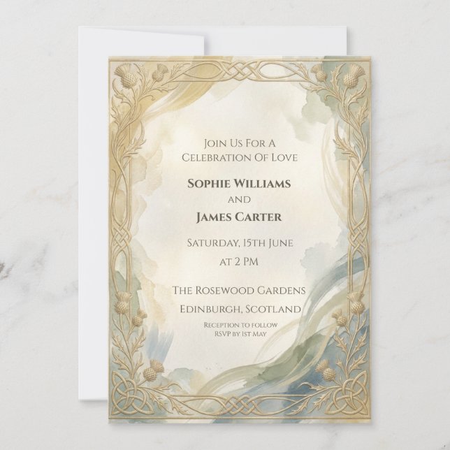 Invitación de boda Art Déco dorada y azul (Anverso)