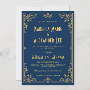 Invitación de boda Art Déco dorada y azul marino v