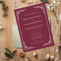 Invitación de boda Art Déco dorada y borgoña de et