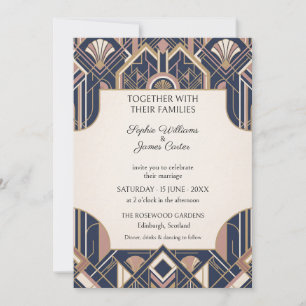 Invitación de boda Art Déco en azul marino y dorad