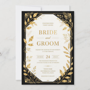 Invitación de boda Art Déco en oro negro moderno