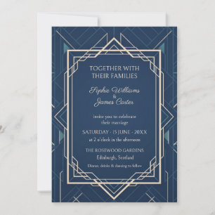 Invitación de boda Art Déco en oro rosa naval
