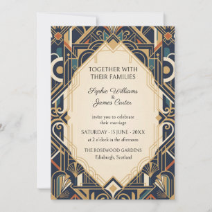 Invitación de boda Art Déco en oro y azul marino