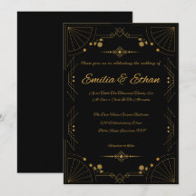 Invitación de boda Art Déco moderna en negro y dor