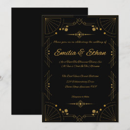 Invitación de boda Art Déco moderna en negro y dor