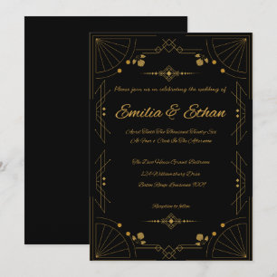 Invitación de boda Art Déco moderna en negro y dor