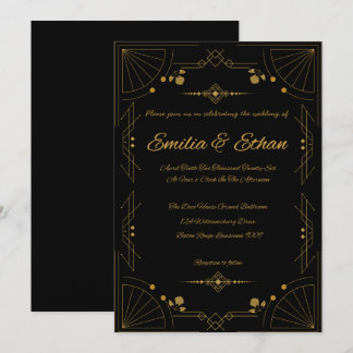 Invitación de boda Art Déco moderna en negro y dor