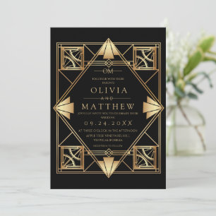 Invitación de boda Art Déco moderna en negro y dor