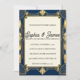 Invitación de boda Art Deco Navy Gold