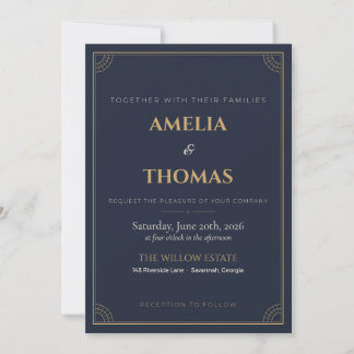 Invitación de boda Art Deco Navy Gold Gatsby