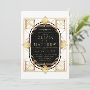 Invitación de boda Art Déco negra y dorada