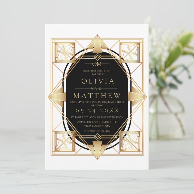 Invitación de boda Art Déco negra y dorada (Anverso de pie)
