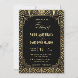 Invitación de Boda Art Déco Negro Dorado Elegante