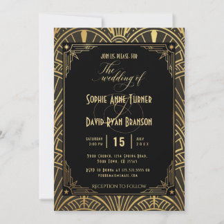 Invitación de Boda Art Déco Negro Dorado Elegante