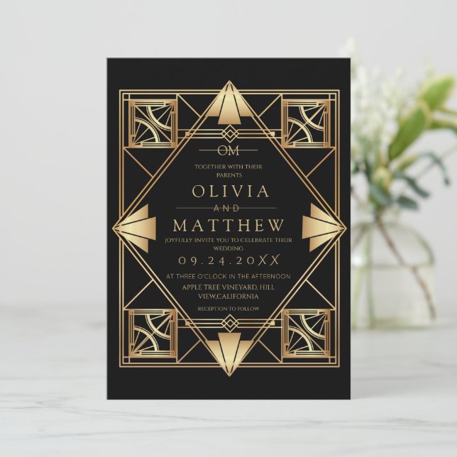 Invitación de boda Art Déco negro y dorado (Anverso de pie)
