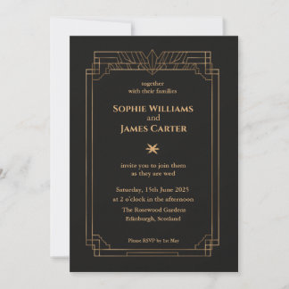 Invitación de boda Art Déco negro y dorado | Elega