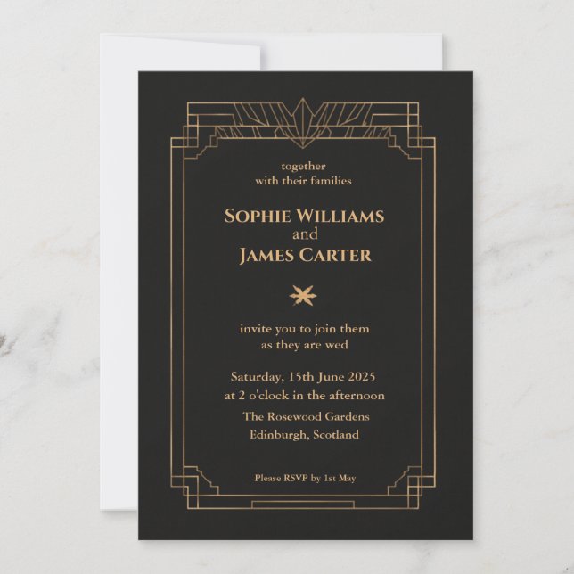 Invitación de boda Art Deco negro y dorado | Elega (Anverso)