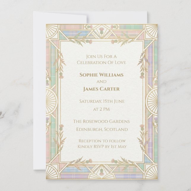 Invitación de boda Art Deco pastel (Anverso)