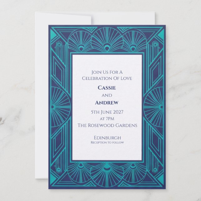 Invitación de boda Art Deco pavo real turquesa (Anverso)