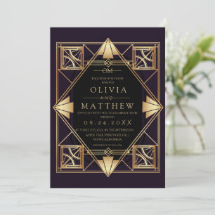 Invitación de boda Art Déco púrpura y dorado