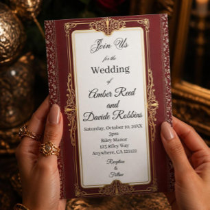 Invitación de boda Art déco roja y dorada