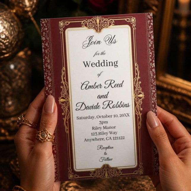 Invitación de boda Art déco roja y dorada (Subido por el creador)