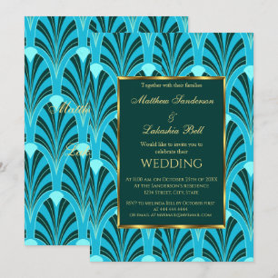 Invitación de Boda Art Deco Verde Oscuro Azul Teal