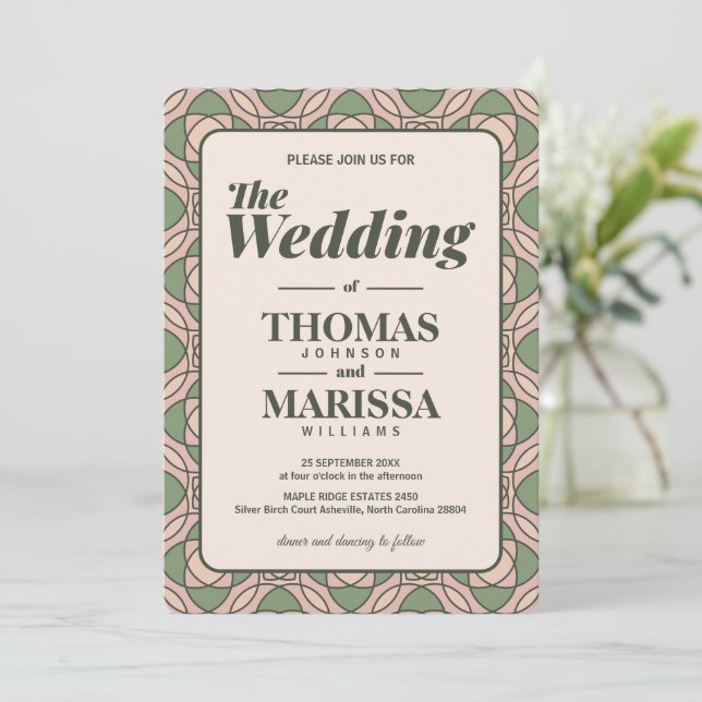 Invitación de Boda Art Déco Verde Salvia con Códig (Anverso de pie)