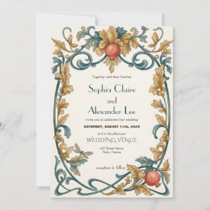 Invitación de boda Art Nouveau azul real y dorado