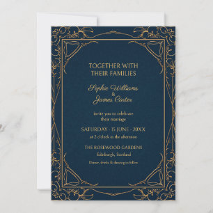 Invitación de boda Art Nouveau dorada y azul marin