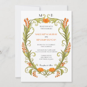 Invitación de Boda Art Nouveau Floral Naranja Verd