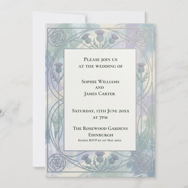 Invitación de boda Art Nouveau gris azul (Anverso)
